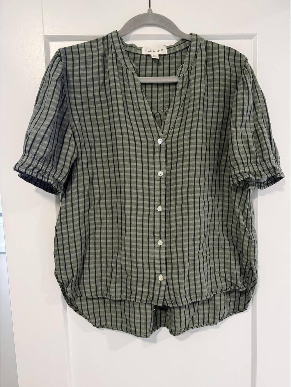 cloth & stone Green Plaid Button-Up Blouse, Size Large